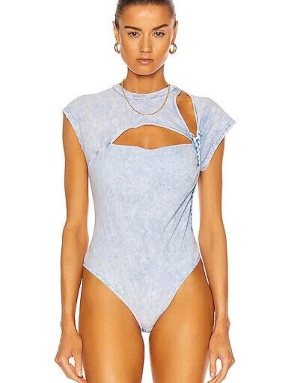 NOAM Blue Acid Wash Cutout Braided Bodysuit Size L